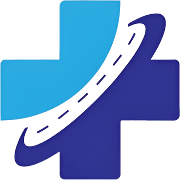 A blue cross with an arrow in the middle.