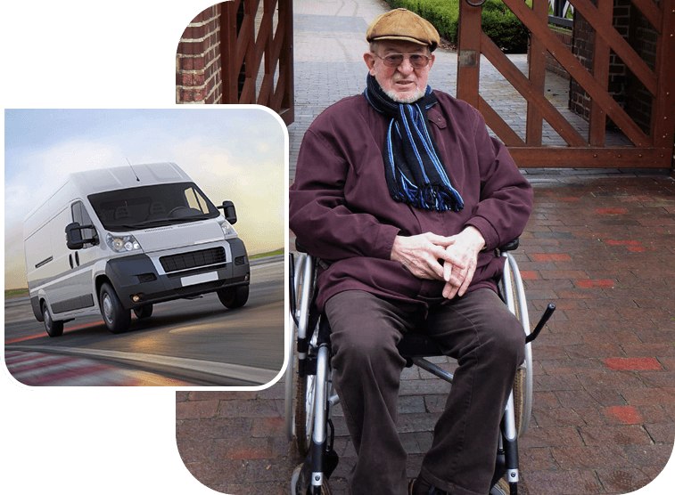 A man in a wheelchair and a van