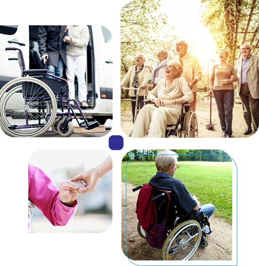 A collage of people with wheelchairs and bicycles.